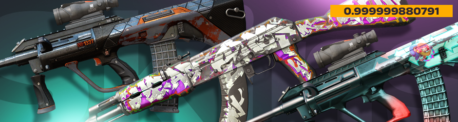 Three CS2 skins with the highest float value: StatTrak™ AUG | Triqua with faded orange, AK-47 | Head Shot with worn graffiti, and AUG | Momentum with damaged peach and sea colors.