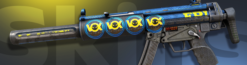 StatTrak™ MP5-SD | Agent, a highest float CS2 skin with faded yellow and blue colors and half-erased 'FBI' inscription.