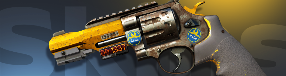 StatTrak™ R8 Revolver | Banana Cannon, a highest float CS2 (CS:GO) skin with worn areas highlighting its unique, quirky design.