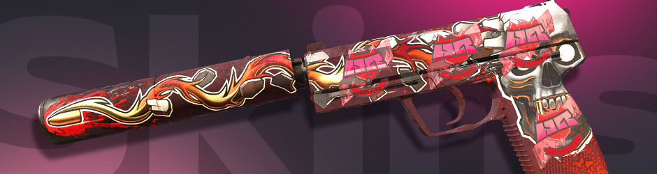 USP-S | Kill Confirmed, a CS2 highest float skin, showcasing a vampire skull design with slight wear on the silencer and gun body.