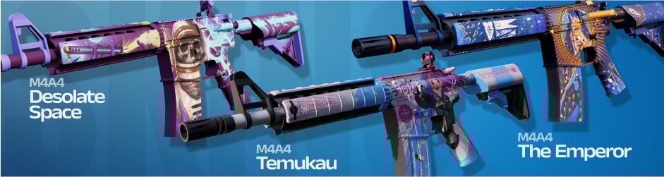 M4A4 blue skins such as The Emperor, Temukau, and Desolate Space feature intricate details and powerful blue tones, blending royal elegance, anime art, and space-themed designs.