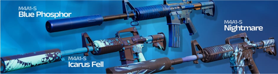 The M4A1-S blue skins like Nightmare, Icarus Fell, and Blue Phosphor offer a range of striking blue aesthetics from dark monster themes to minimalist electric blue styles.