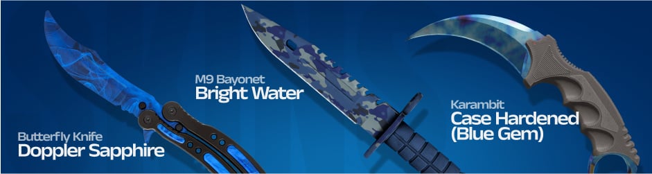 Karambit | Case Hardened (Blue Gem), Butterfly Knife | Doppler (Sapphire), and M9 Bayonet | Bright Water offer top-tier blue skins with unique patterns, shimmering sapphire hues, and cool-toned camouflage designs.