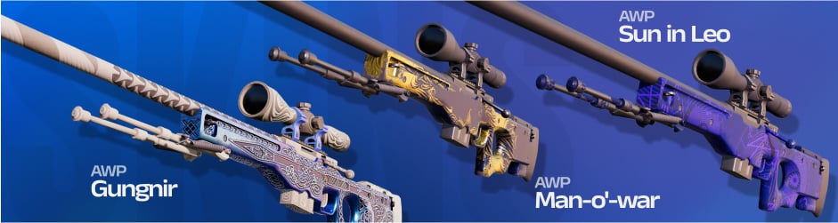 AWP blue skins like Gungnir, Man-o'-war, and Sun in Leo feature breathtaking blue designs, from Norse patterns to ocean-inspired and cosmic-themed artwork.