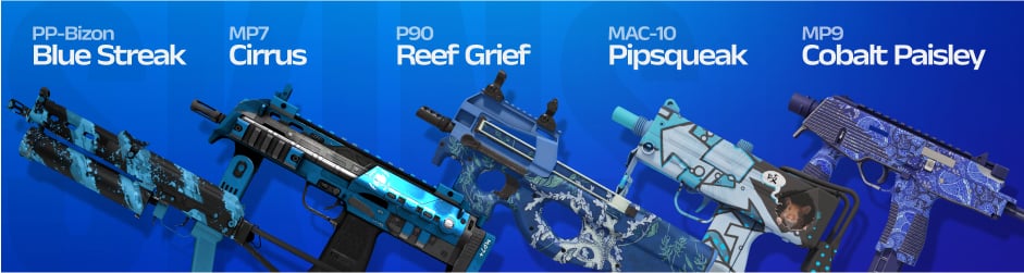 The SMG blue skins including MAC-10 | Pipsqueak, MP7 | Cirrus, and MP9 | Cobalt Paisley offer a variety of styles, from cute cartoon designs to minimalist and artistic blue themes.