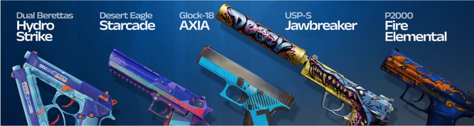 Pistol blue skins like Desert Eagle | Starcade, USP-S | Jawbreaker, and Dual Berettas | Hydro Strike feature stunning blue colors and creative designs, perfect for a standout look in CS2.