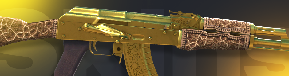 AK-47 | Gold Arabesque shown in radiant gold with intricate patterns, a premier yellow CS2 skin