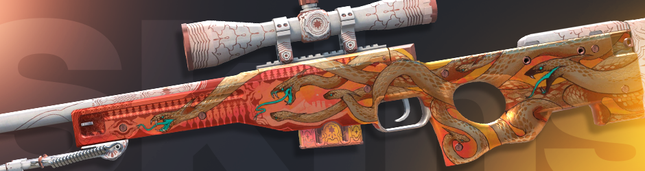 Close-up of AWP | Desert Hydra with an orange and gold serpent theme, top-tier orange CS2 skin
