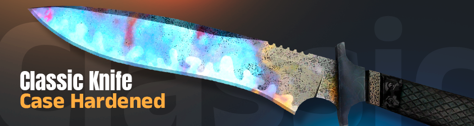 CS2 Classic Knife with the Case Hardened skin, showcasing a hardened steel blade with blue, gold, and purple heat-treated patterns