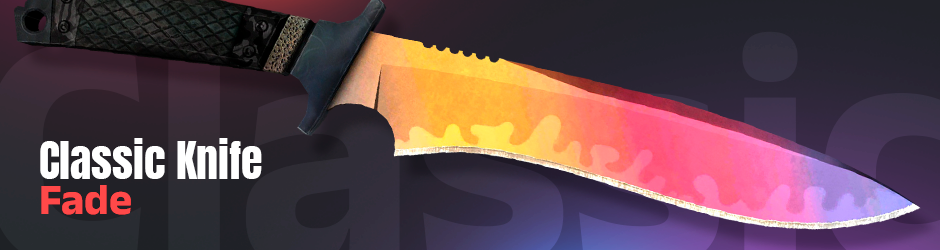 Image of a Classic Knife Fade CS2, featuring a vibrant gradient of gold, pink, and purple hues