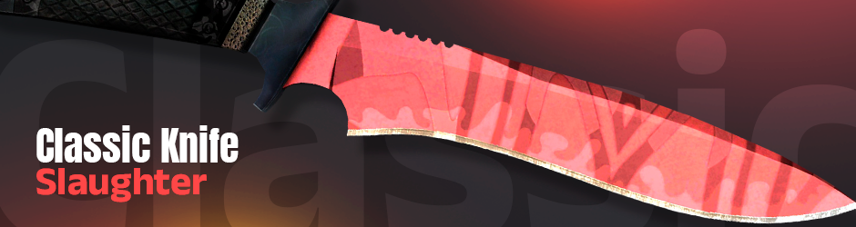 Image of a CS2 Classic Knife in the Slaughter skin, featuring a bright red blade with abstract silver markings