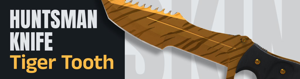 The Huntsman Knife Tiger Tooth in CS2 features a sharp and striking orange and black pattern, perfect for those looking for the cheapest Huntsman Knife CS2 with a bold design