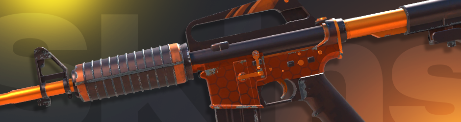 M4A1-S | Atomic Alloy shown with a bright orange and black metallic finish, popular CS2 orange skin