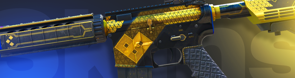 M4A4 | The Coalition with a gold and black tactical look, a bold yellow CS2 skin
