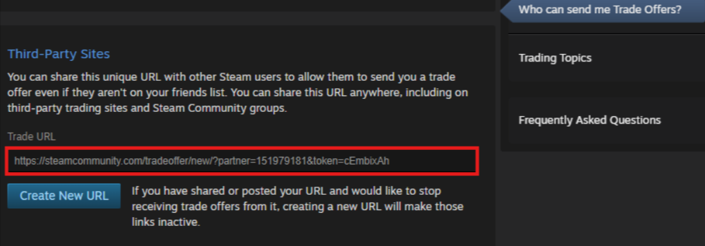 Scroll down to where you locate your Steam trade URL within the third-party sites section
