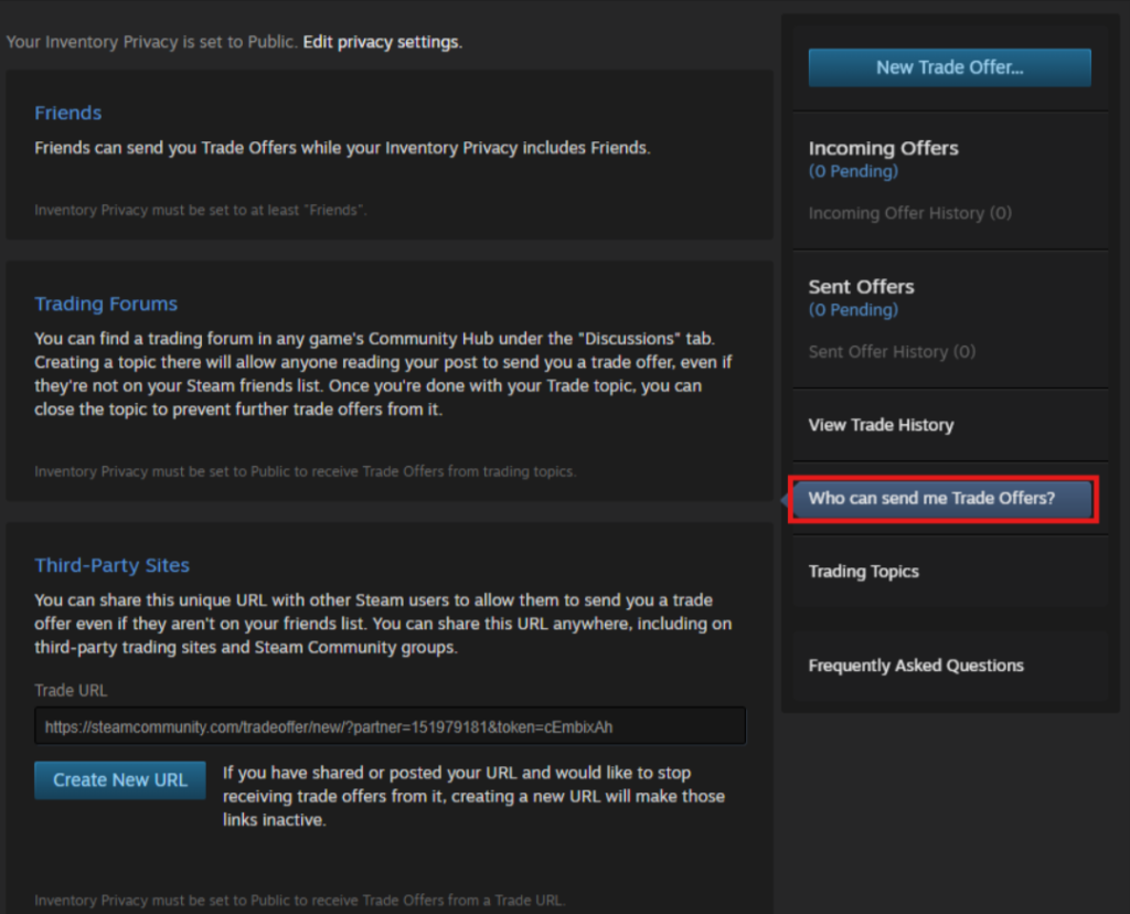 Select Who can send me Trade Offers